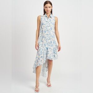 En Saison Davina Maxi Shirt Dress Asymmetrical Ruffle Hem Blue floral Size S